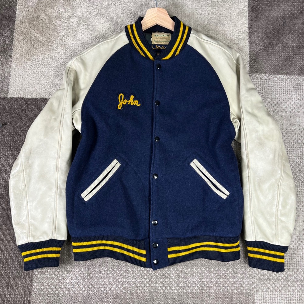 Vintage Skookum Varsity Jacket Navy‎ Wool Letterman Chain Stitch Mens Medium
